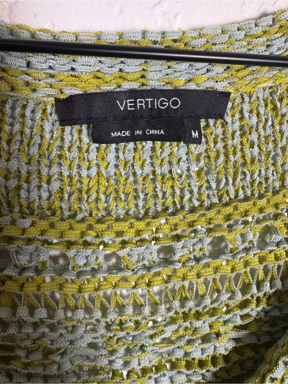 Vertigo Paris Open Knit V-Neck Sweater Lime Green Space Dye Crochet Short Sleeve